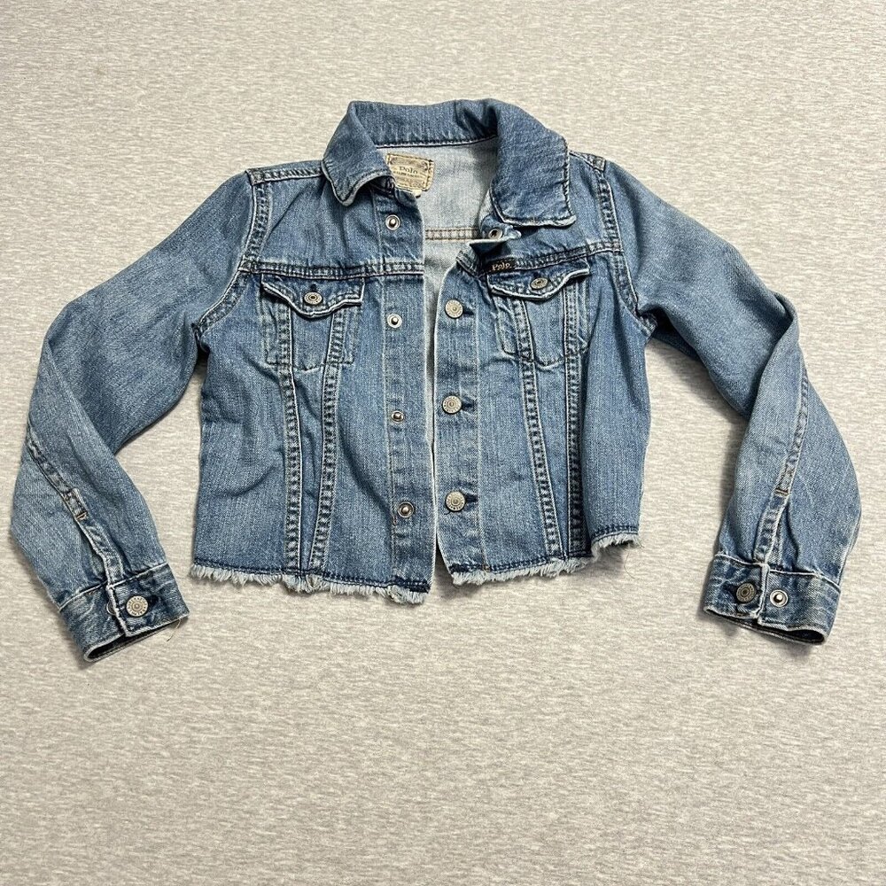Polo Ralph Lauren‎ Denim Crop Jacket Girls 6X/6 Spellout Small Pony Trucker
